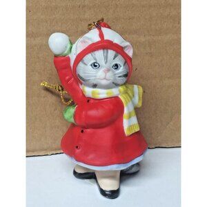 RARE Kitty Cucumber 1989 Cat Red Christmas Ornament Snowball Fight B. Shackman
